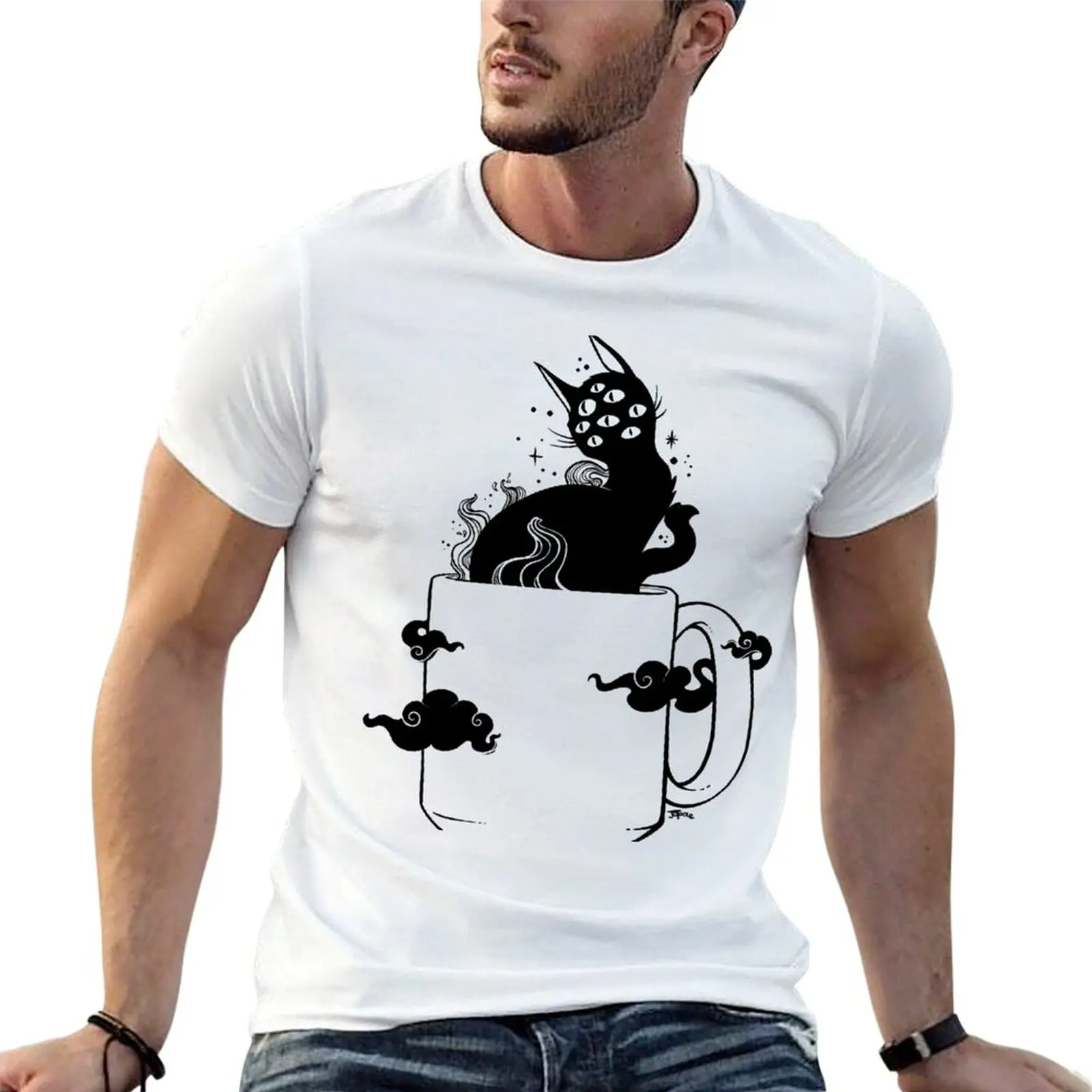 Many Eyed Cat In Coffee Cup With Magic Clouds T-Shirt High Quality Durable T-Shirt