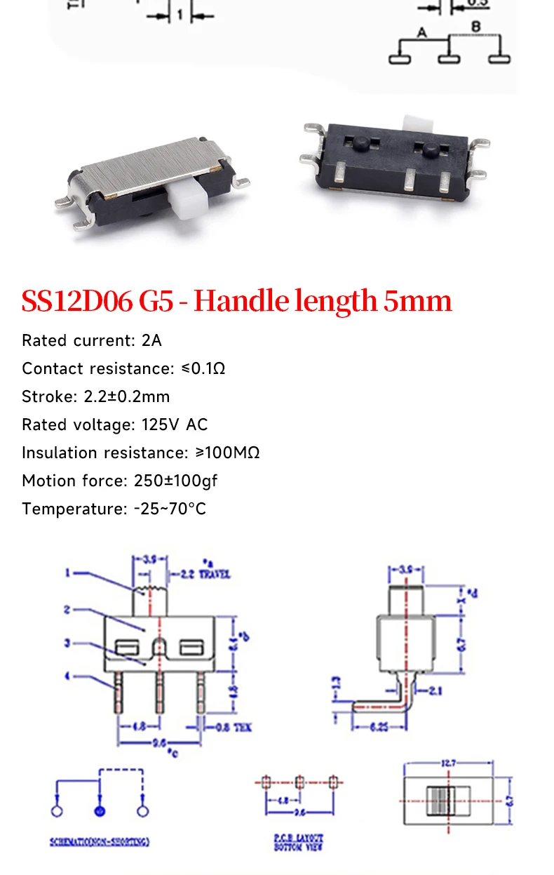 5 Stück Mini-SPDT-Schiebe-Kippschaltergriff 3/5mm MSS-22D018 SS-12D00 SK-22D07 MSK-12C02 SS-12F44 MSK23D19 - Elektronisches Bauteil – Detail 7