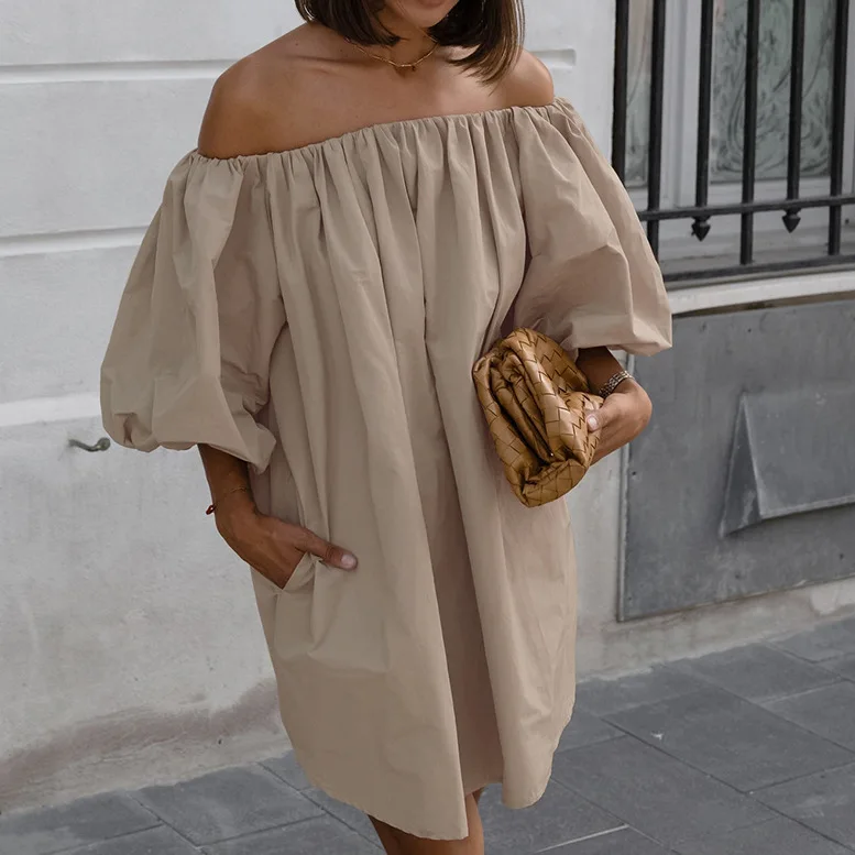 

French off-the-shoulder Word Collar Bubble Sleeve Pullover Dress