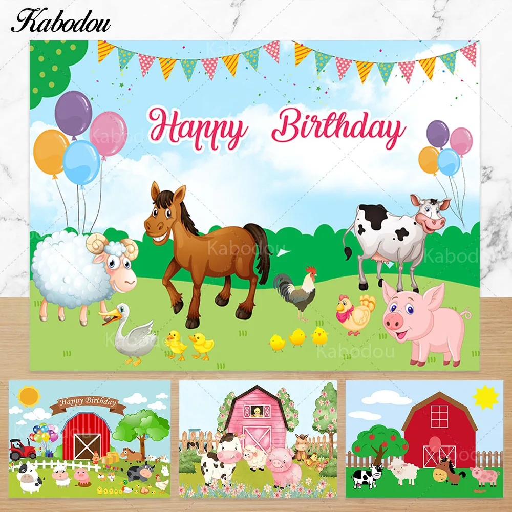 Farm Animal Pony Backdrop Kids Happy Birthday Decoration Cow Windmill Fence Photography Background Baby Shower Studio Banner