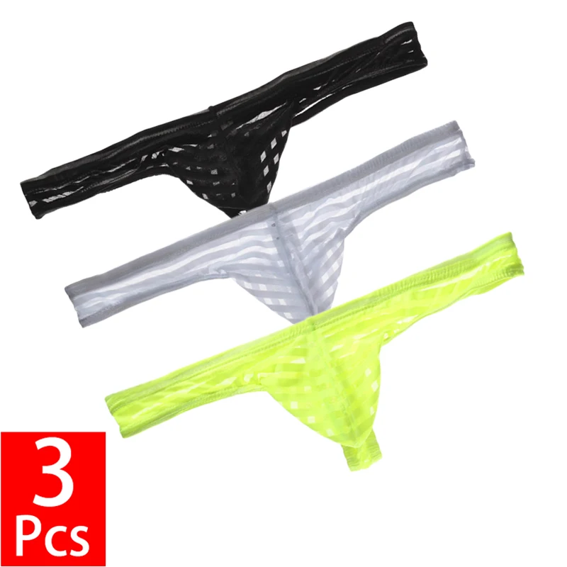 

3PCS/lot Men G-string And Thong Sexy Low-rise Striped Breathable Underpants Mesh Transparent Thin Male T-back Panties Underwear