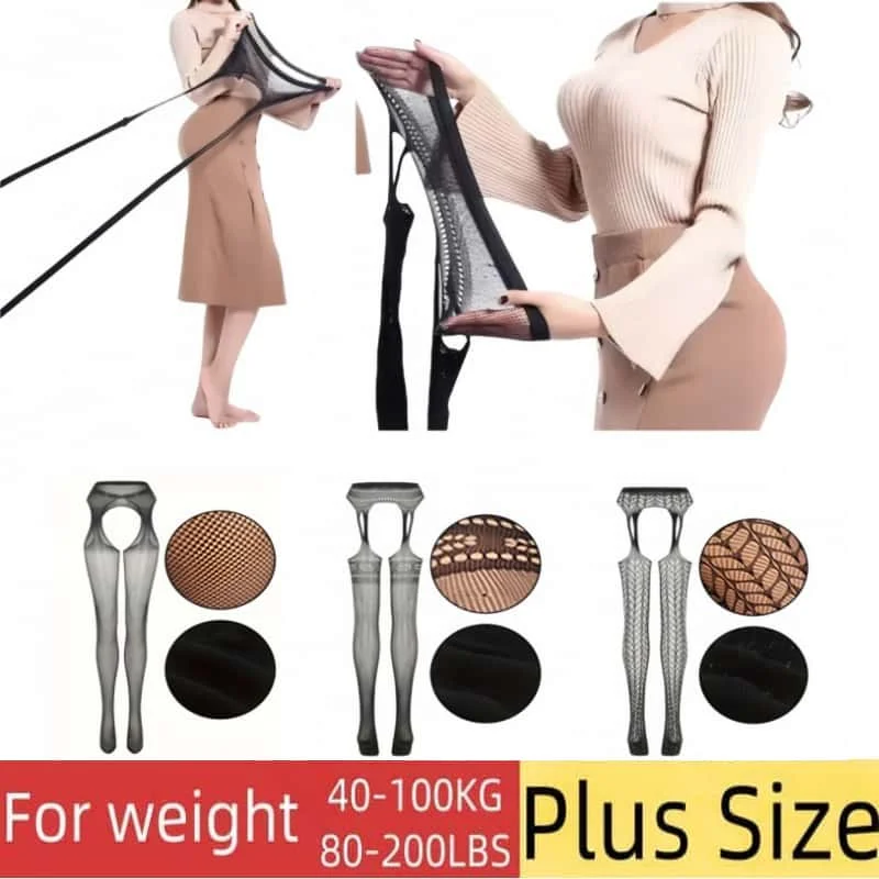 NEWJOINFUN شبكة صيد السمك الأسود الرباط حزام جوارب مفتوحة Crotchless جوارب طويلة مثير الفخذ عالية الجوارب البيضاء للنساء حجم كبير XXXXXL