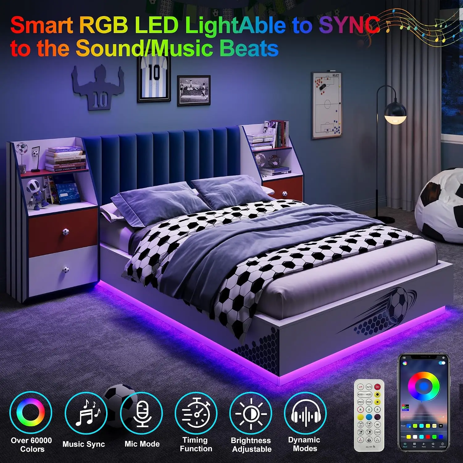 Full Size Floating Bed With Velvet Headboard, LED Lights, 2 Nightstands, Wood Slat, No Box Spring, White/Blue, Customized view 6