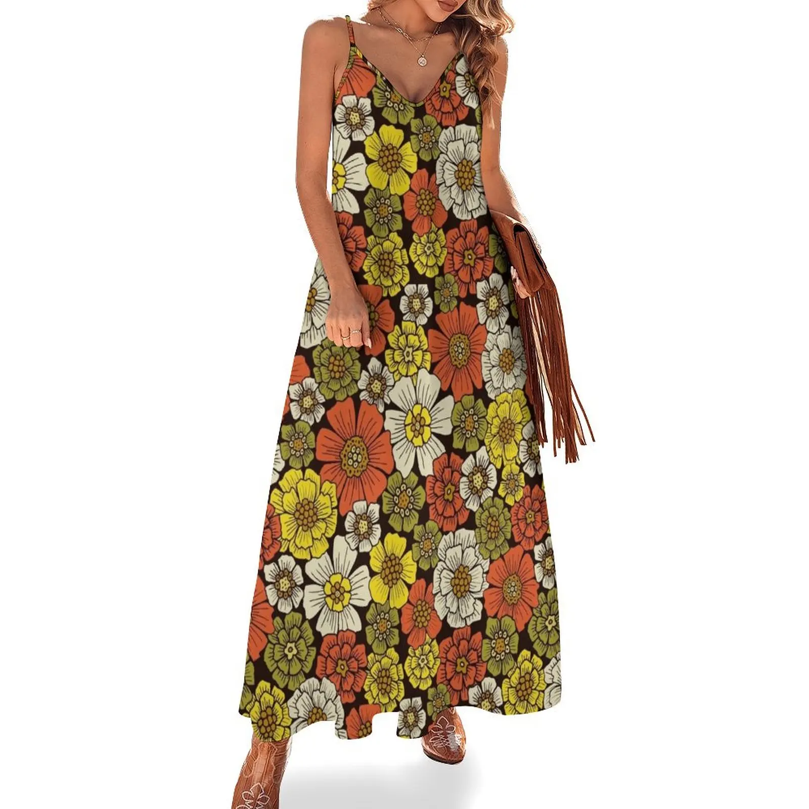 Retro 1960s 1970s Floral Pattern Sleeveless Long Dress Beachwear evening dress Dress