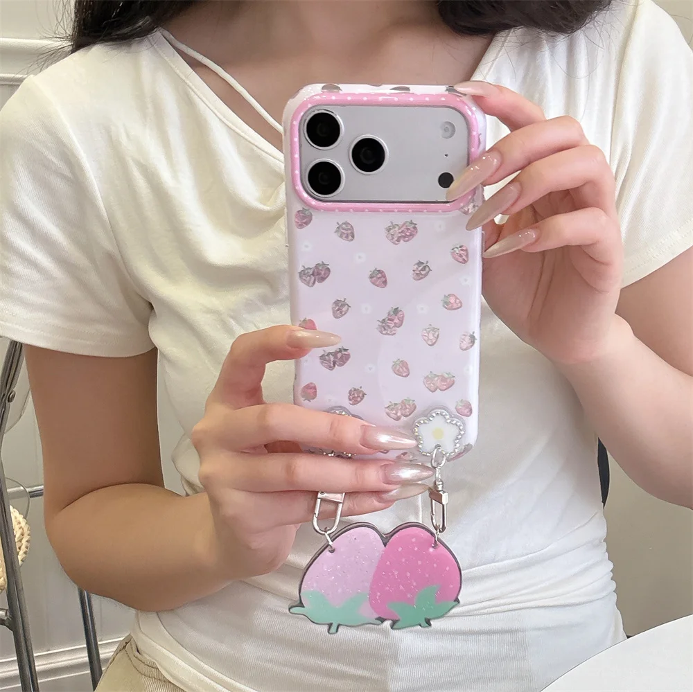 Korea Ins Cute Glitter Strawberry Phone Case Pink Frame With Strawberry Charm Hanging Strap For iPhone 18 17 16 15 Pro Max Cases