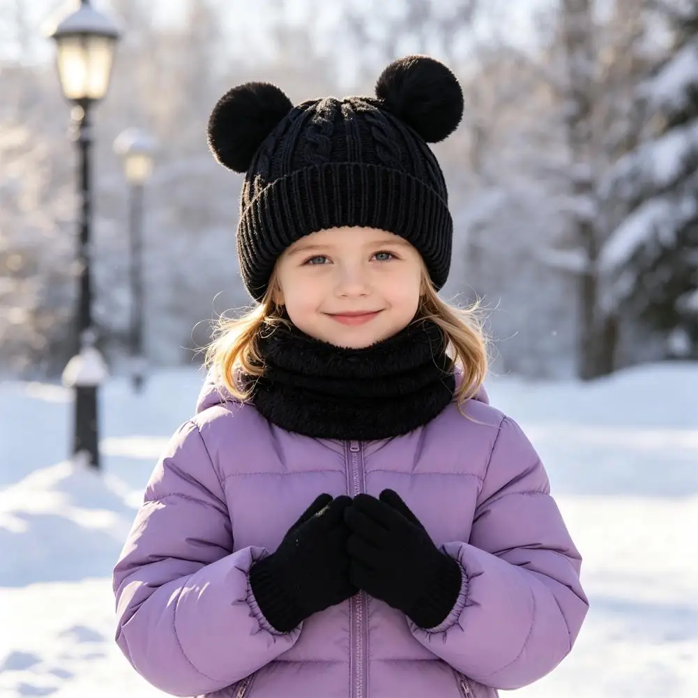 Five Finger Winter Gloves for Toddlers Kids Winter Knit Set with Bear Ear Hat Fleece Lined Neck Gaiter Full Finger for Boys