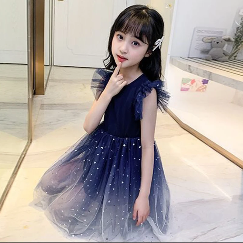 Children's Summer Fashion Sequin Skirt Girls Star Sky Gradual Princess Dress Kids Puffy Gauze Birthday/Party/Banquet Dress 4-10Y