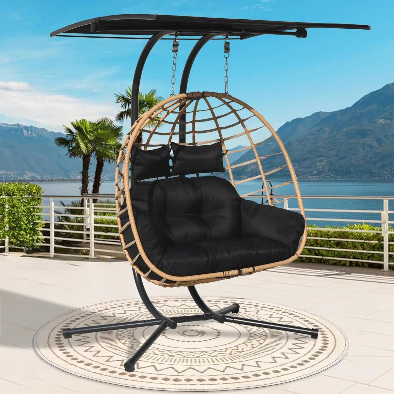 Outdoor Rattan Swing Hammock Basket Chair with Adjustable Awning and Thick Cushion Sturdy Frame 600lbs Capacity Indoor/Outdoor