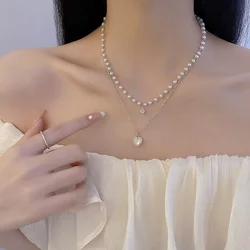 Double Layer Fashion Kpop Heart Pearl Choker Necklace for Women Clavicle Chain Elegant Charm Wedding Pendant Jewelry Gift