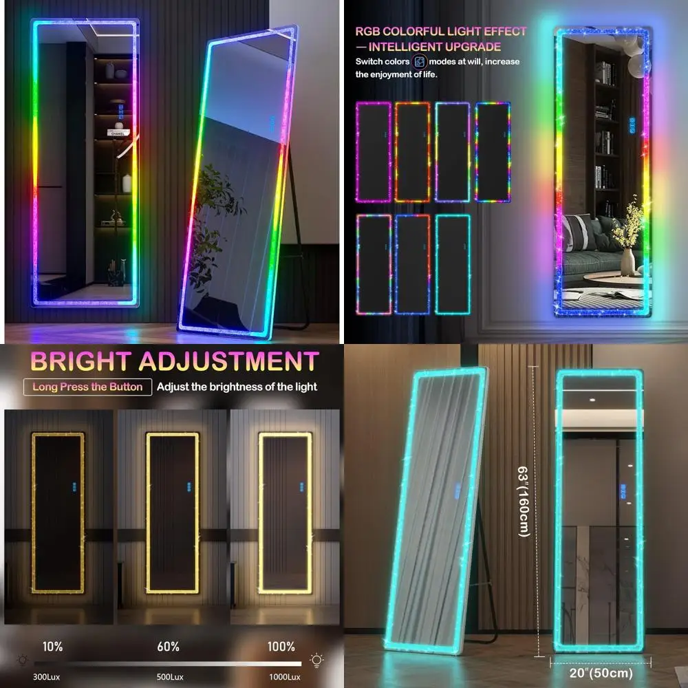 전신 LED 조명 거울, 크러쉬드 다이아몬드 효과, 63x20인치 독립형 바닥 거울, 전신 조명용