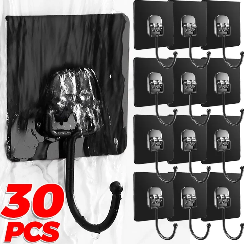 30/1Pcs Self Adhesive Hooks Rotating Waterproof Strong Hook Holders Wall Door Storage Hanging Hooks Kitchen Bathroom Organizer