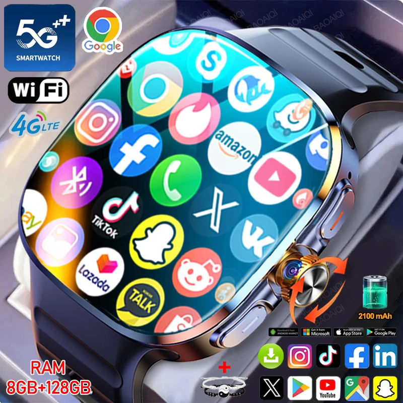 

8GB+128GB RAM 5G/4G Smart Watch 2.4 inch AMOLED 2100mah Battery 900W Camera GPS WIFI Google APPS Download Smartwatch Android 10