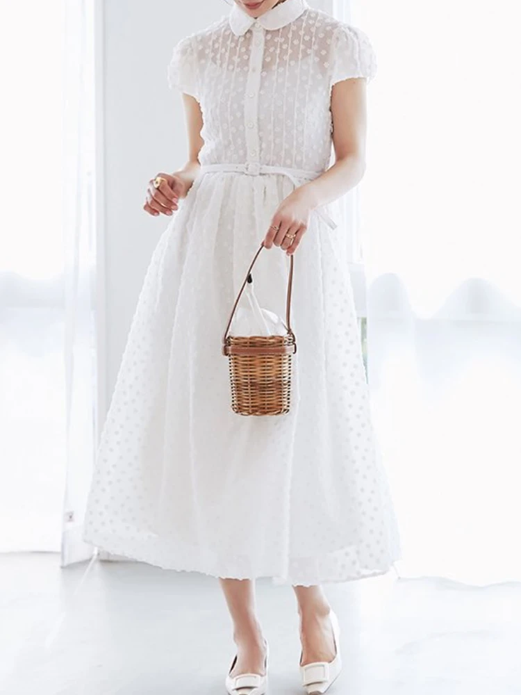 Robe blanche à fleurs texturales douces pour femmes, robe en mousseline de soie élégante, col claudine, taille mince, style japonais, été éducatif