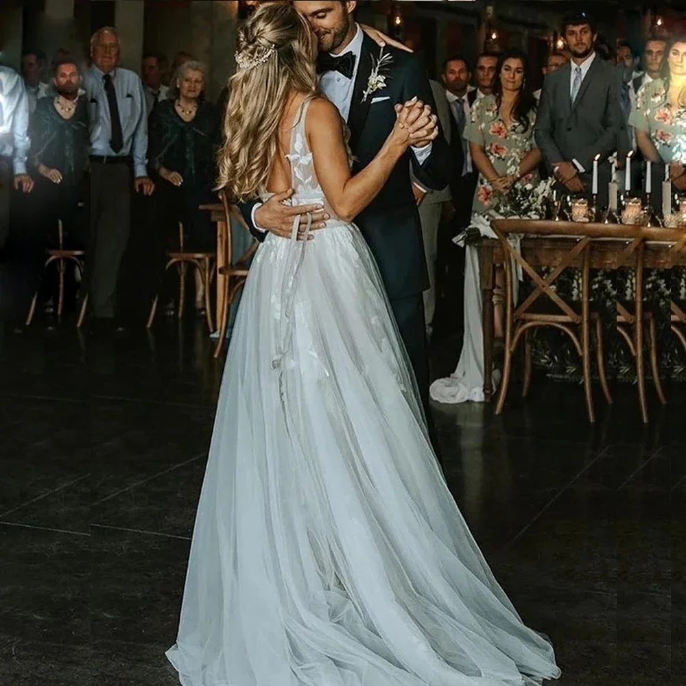 Customized MYYBLE Cheap V-neck Tulle Wedding Dress 2022 Boho A-line Backless Elegant Long Customized Appliques Sexy Bridal Dress