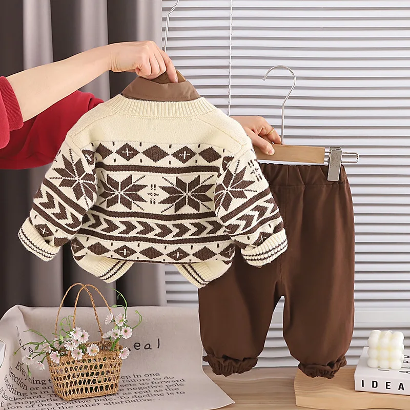 Children's Suit 2026 Spring Autumn Korean Baby Boys and Girls Knit Cardigan + Shirt + Cargo Pants Three Piece Set Kids Clothes