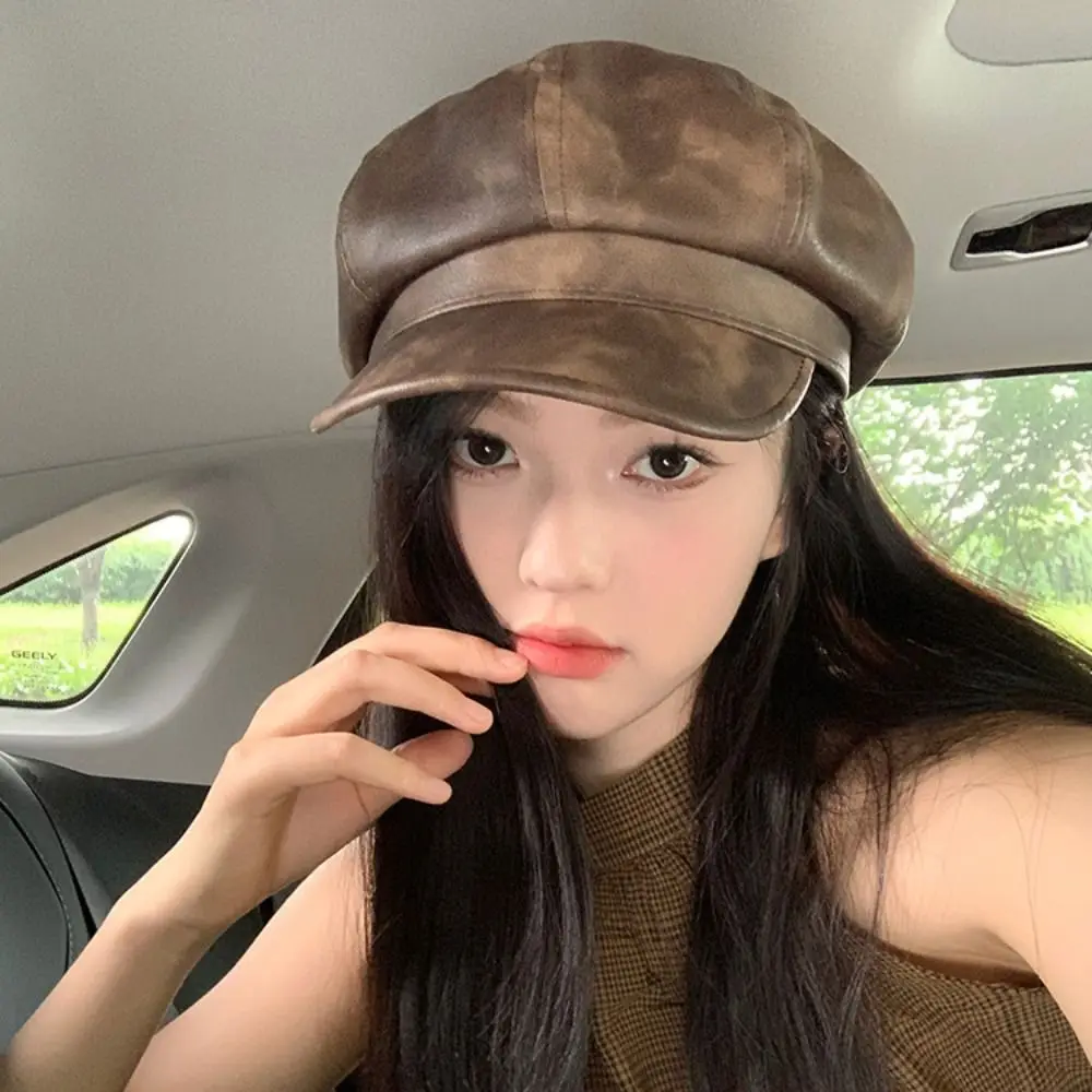 Berretto in pelle PU stile britannico moda autunno inverno berretto da donna marrone nero berretto ottagonale berretto da artista casual da donna
