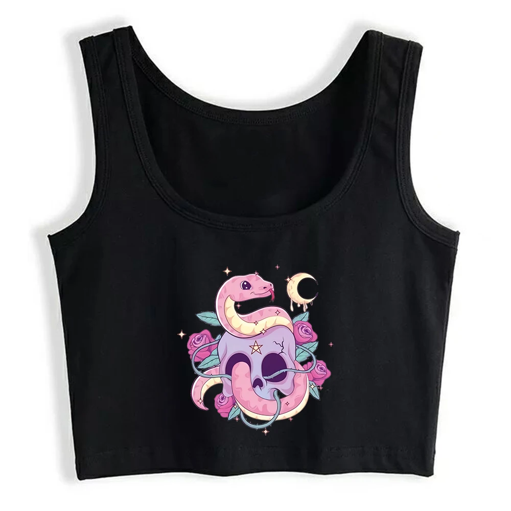 Pastel Goth Creepy Skull Serpent Graphics Crop Top Gothic Kawaii Snake Printed Sexy Slim Fit Tank Tops Halloween Camisole