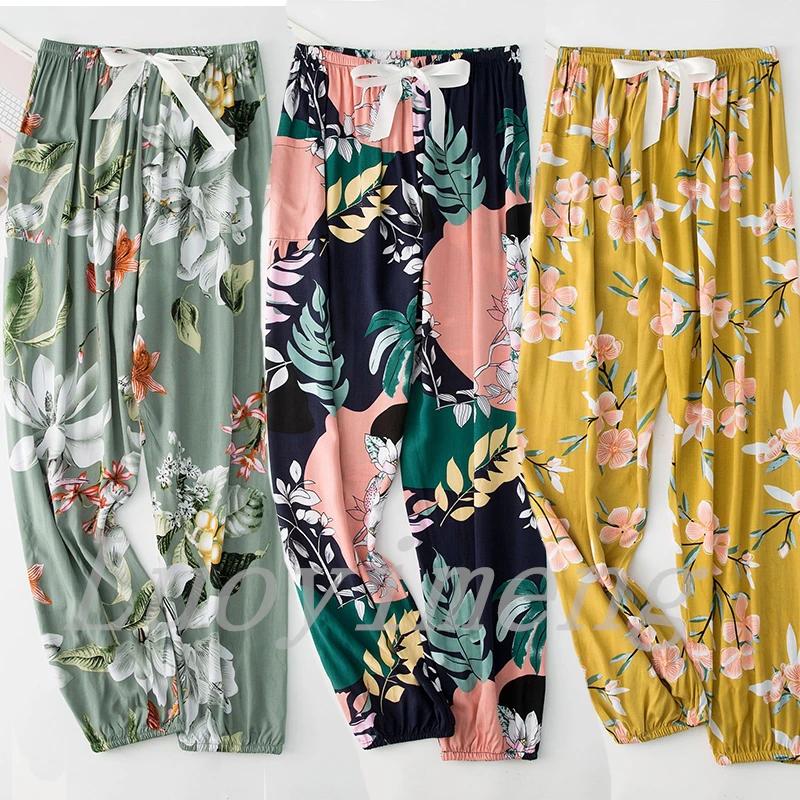 New Sleepwear Women Pants Floral Printed Loose Casual Sport Bottoms Summer Viscose Pants Female Calf-Length Pants Home Clothes