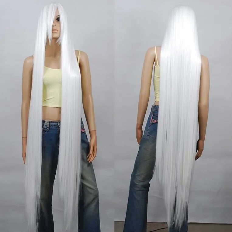 Peluca larga y recta para fiesta de Cosplay, pelo blanco resistente al calor, 150cm, 60 pulgadas