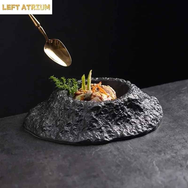 Black Volcano-shaped Ceramic Dinner Plate Modern Irregular Porcelain Tableware Pasta and Steak Plate Cooking Bowls and Dishes