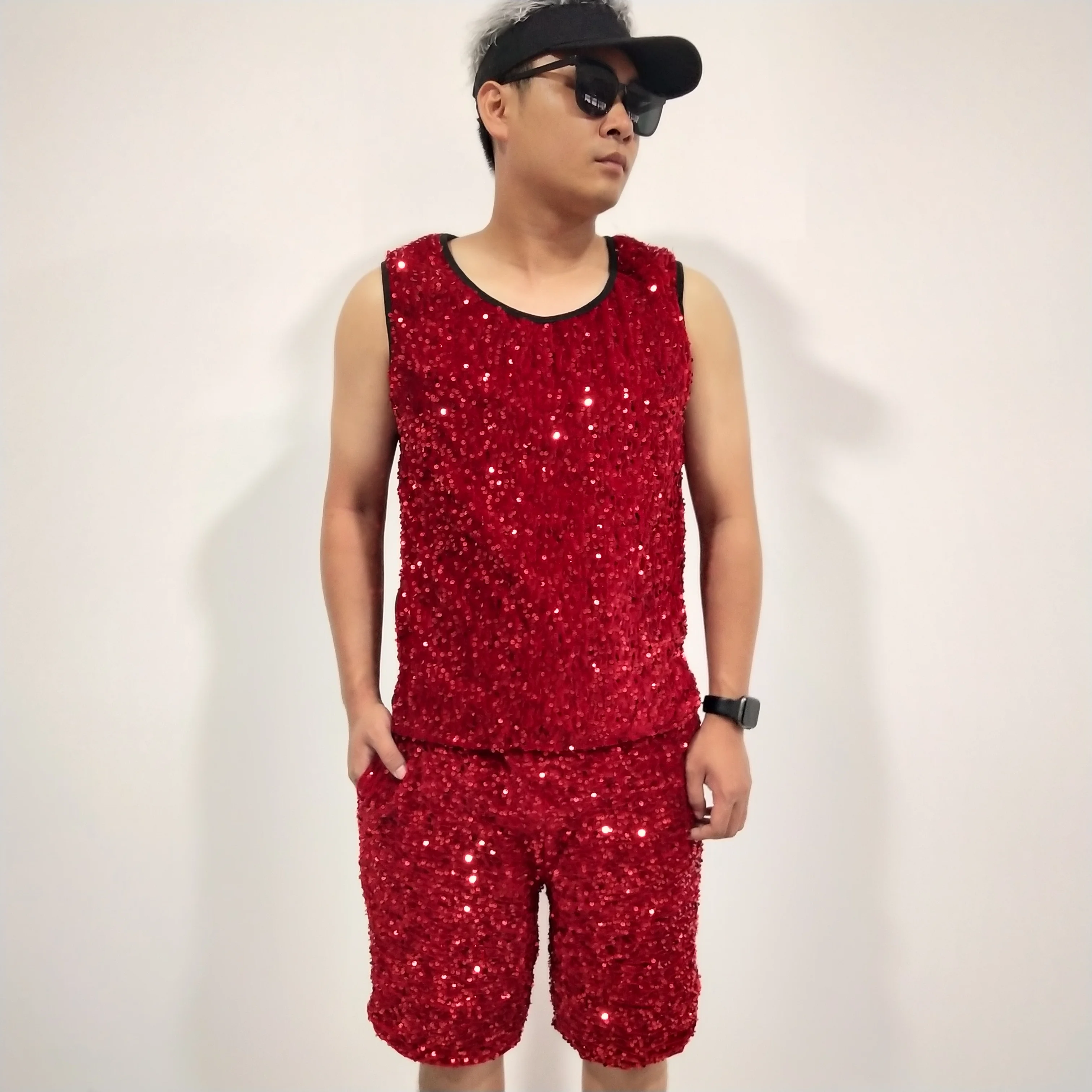 

Casual Shorts Tops Red Laser Mirror Sequins Elastic Waist Sets Carnival Party Nightclub Club Singer Stage Performance Dance Wear