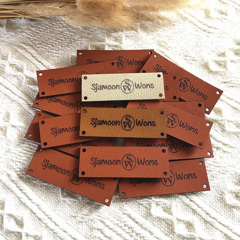 30pcs Leather Knitting tags customize logo Handmade rectangle clothing hat labels sewing Garment crochet label DIY Accessories