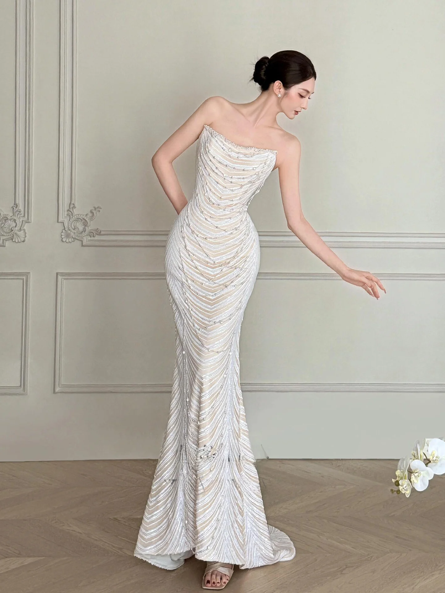 

Элегантное платье-русалка с открытыми плечами для помолвки и свадьбы, модное бальное платье с жемчужной отделкой и длинной юбкой