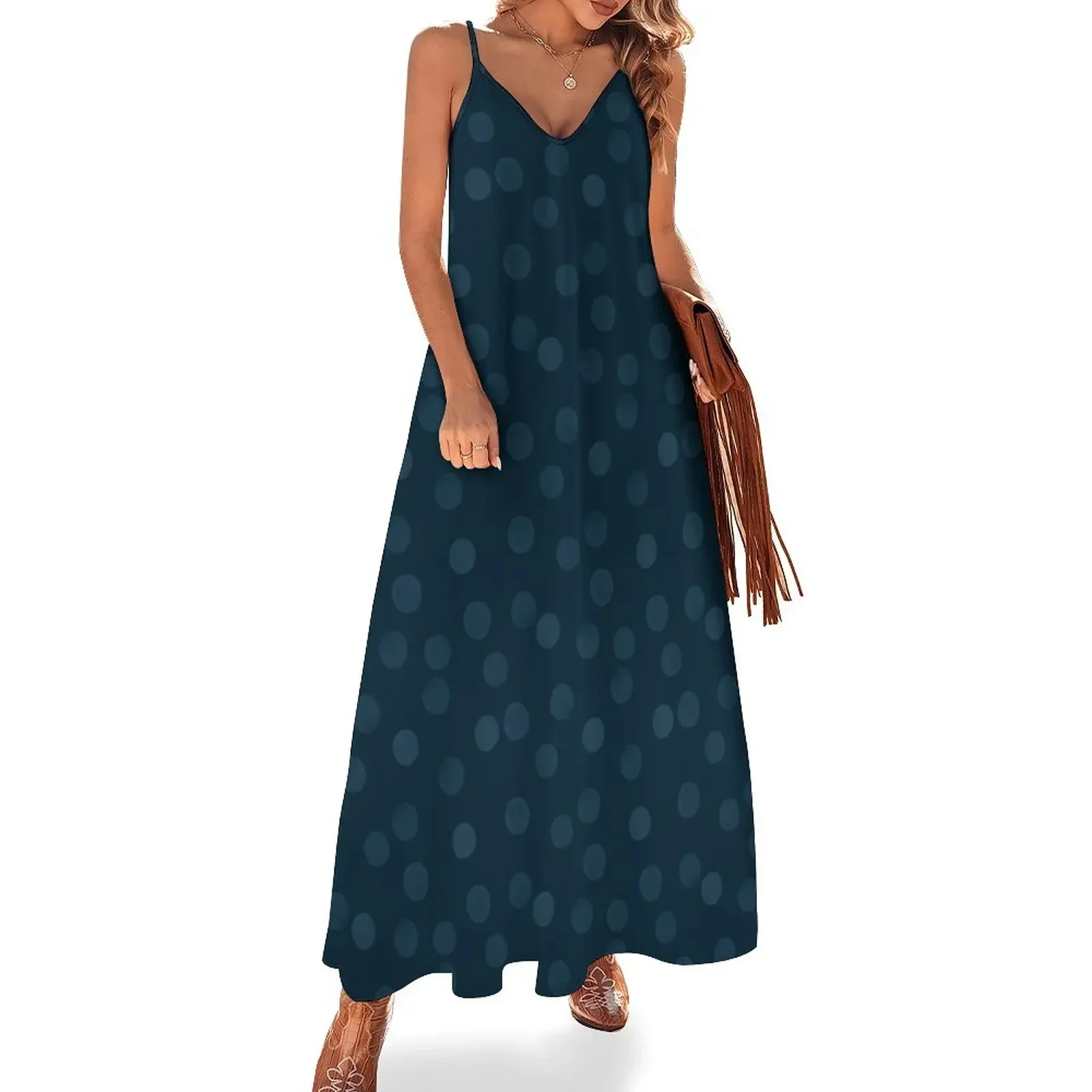 

Dark blue polka dot Sleeveless Dress Cocktail of dresses long dress women summer Dress