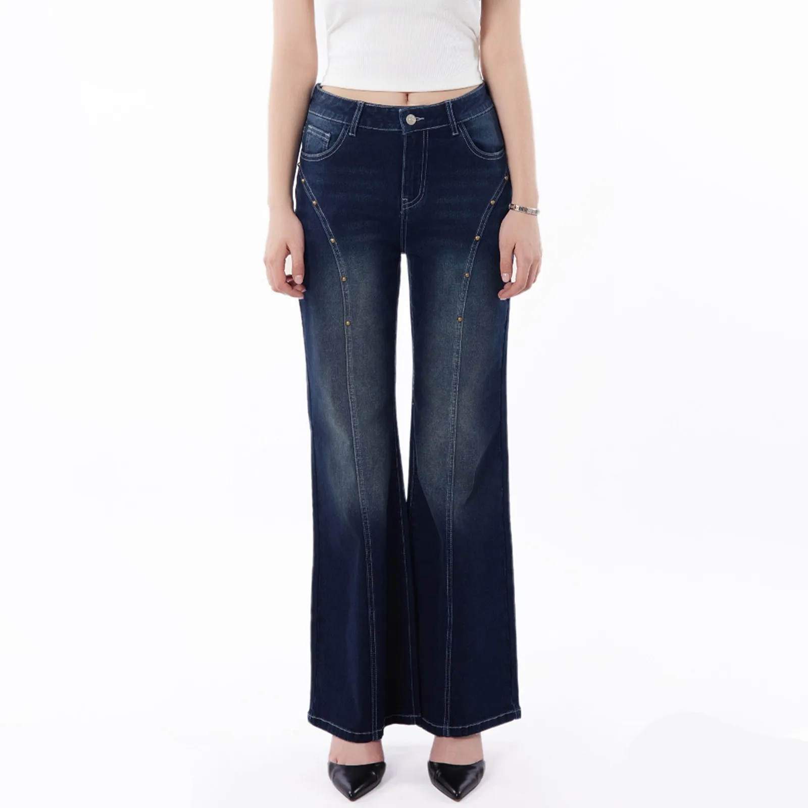 

Широкие расклешенные джинсы, брюки, женские винтажные джинсовые брюки со средней талией, потертые потертые карманы, женские уличные джинсы Bootcut