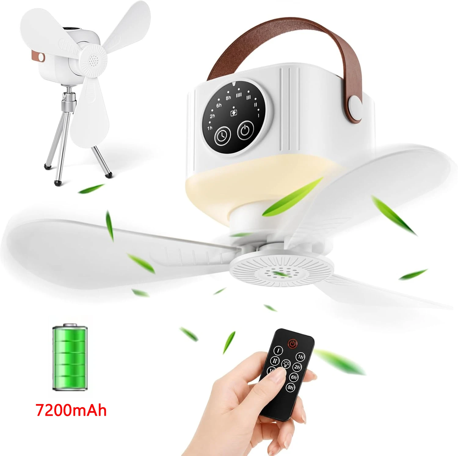 Tragbare LED-Leuchte mit Ventilator, geräuschlose Deckenventilatoren, wiederaufladbare/Stativ-LED-Lampe, Fernbedienung, 7200 mAh, für Schlafzimmer, Camping