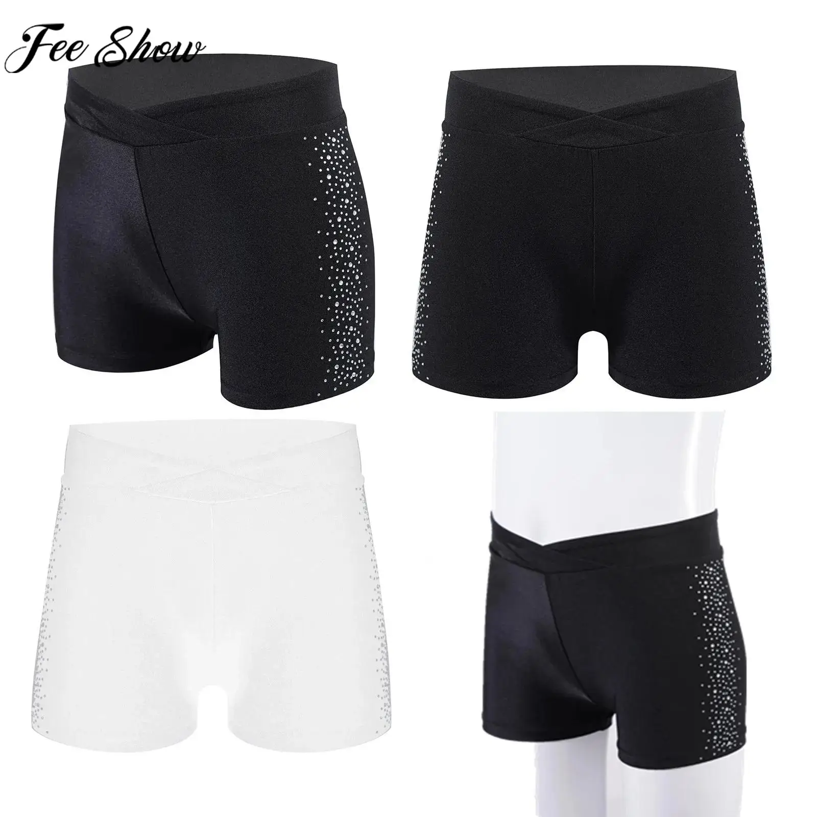 Girls Shiny Rhinestones Mid Waistband Ballet Dance Gymnastics Yoga Shorts Figure Skating Acrobatics Bottoms Leggings Dancewear