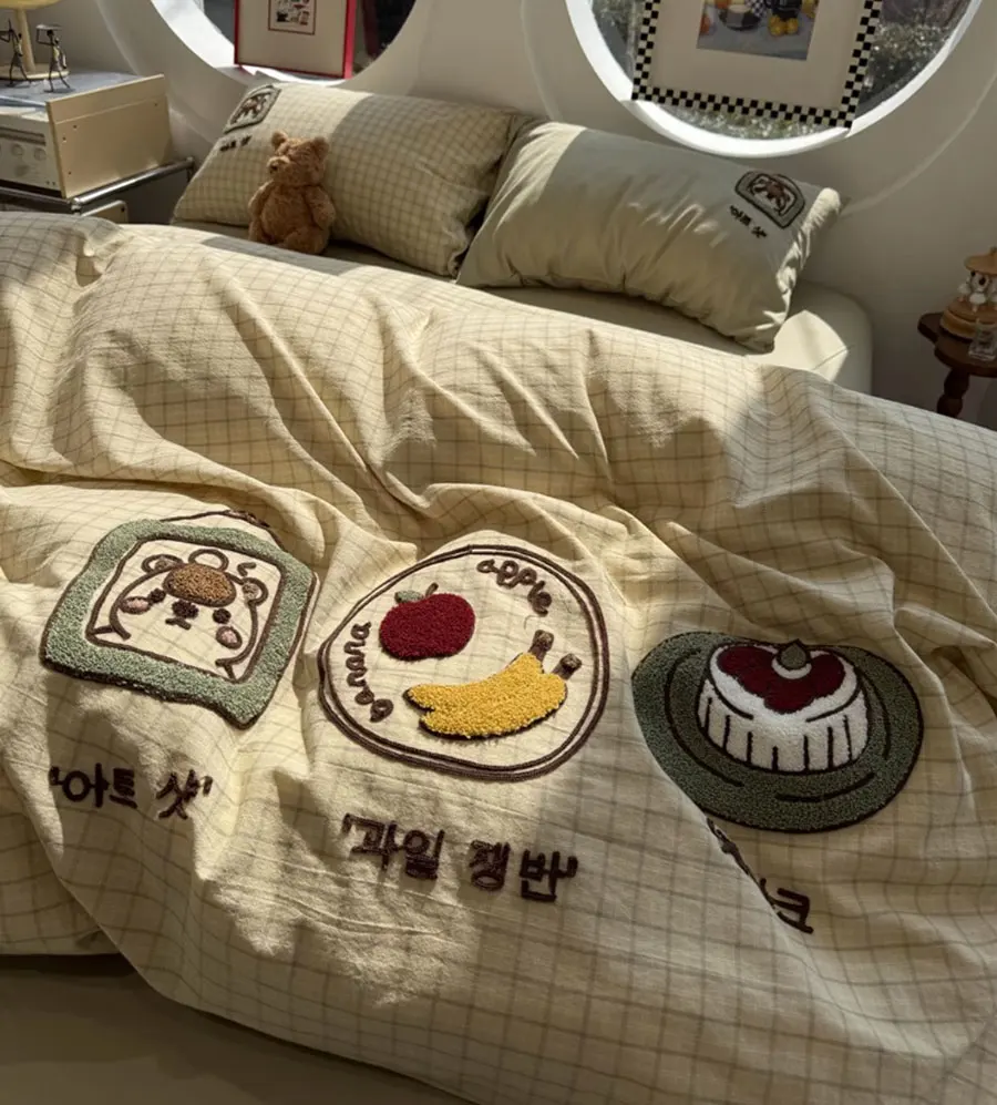 

Cute cartoon bear cake banana apple embroidery bed set,twin full queen king cotton home textile sheet pillow case quilt cover