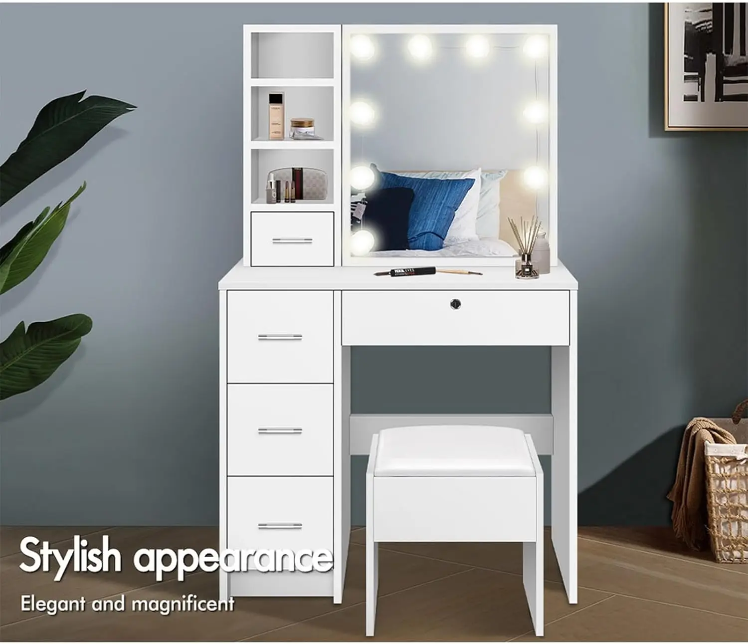 with Sliding Mirror & 10 Adjustable Light Bulbs, Vanity Desk Dresser Organiser with Dressing Table Stool Set Makeup Vanity Table