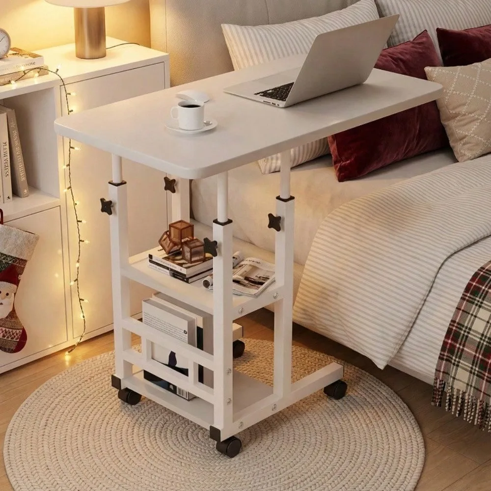

Adjustable Mobile Laptop Desk/Computer Workstation - 4-Wheel Rolling Study/Workstation Desk With Double Shelves, Suitable