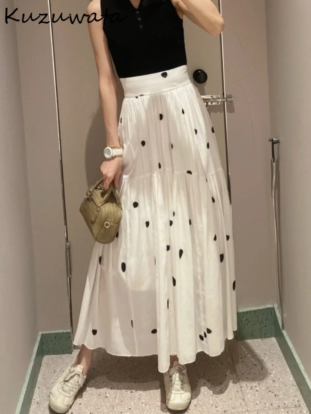 

Kuzuwata Mid-length Pleated Preppy Polka Dot Skirt New Moda All-match High Waist Faldas Japanese A-line Big Swing Mujer Faldas