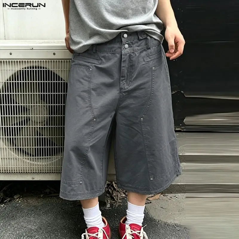 

INCERUN Men's Pants Solid Color Button Joggers Loose Casual Calf-length Pants For Man Streetwear 2026 Fashion Wide Leg Trousers