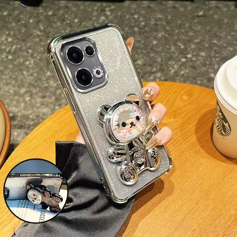 Cute Bear Bracket Plating Phone Holder Case for Motorola Moto G06 G56 G86 G05 G14 G04 G34 G54 G24 G84 E14 E15 Clear Stand Cover