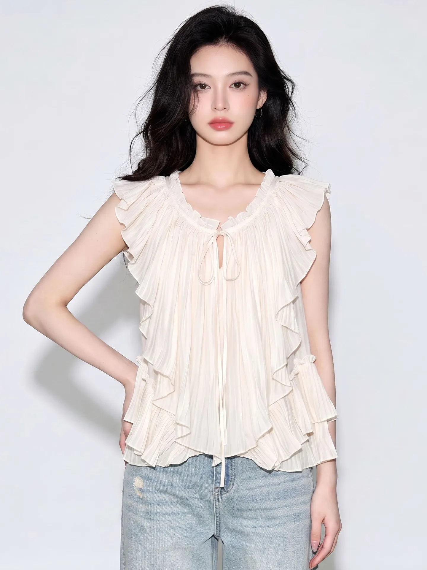 Fashionable Summer 2026 Women's Shirt with Lace Sleeves And Belt Tropical Vacation Style Cotton Casual Top for Young Girls