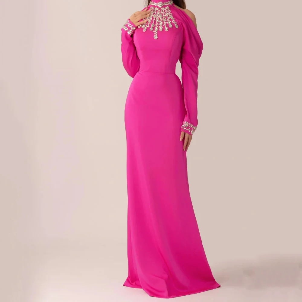 

Women's Mermaid Evening Dresses Floor-length High-neck Full Sleeve Prom Gown Fashion Crystal Simple Draped Customized Gowns