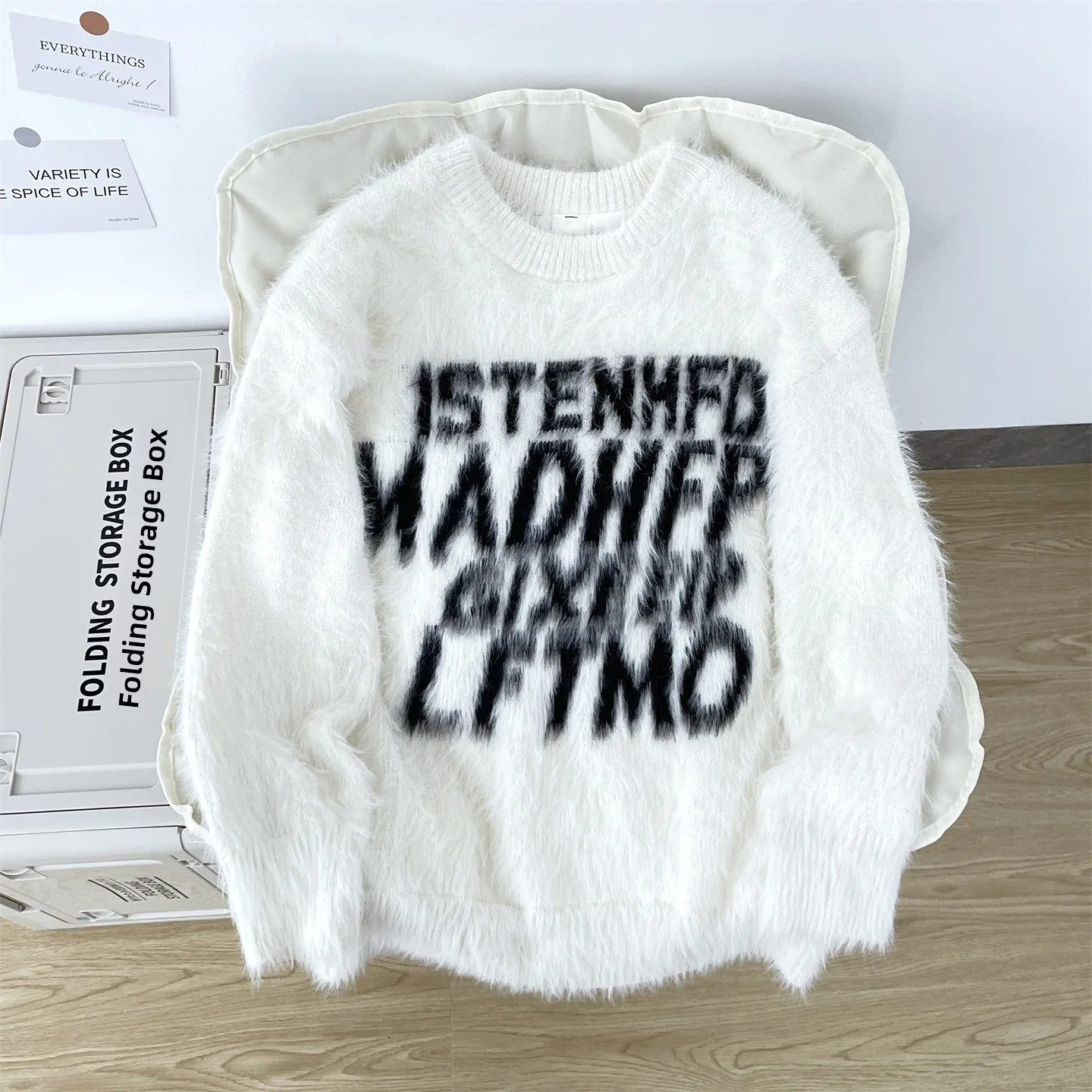 

American Street Sle Soft Mink Letter Embroidery Knitwear Men's Autumn Winter Trendy Lazy Draped round Ne Pullover Sweater