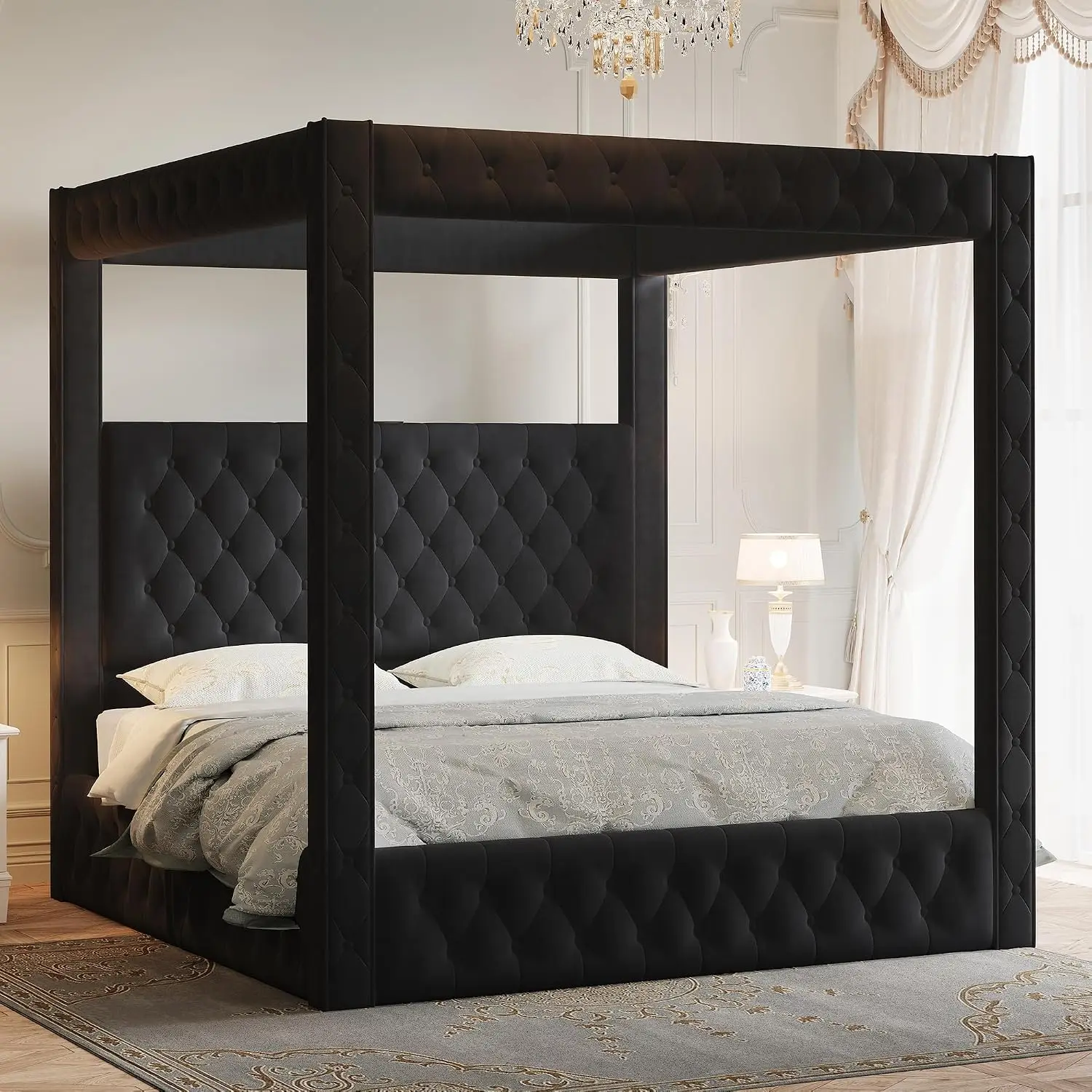 King Canopy Bed Frame Velvet Upholstered Deep-tufted Headboard 74.8