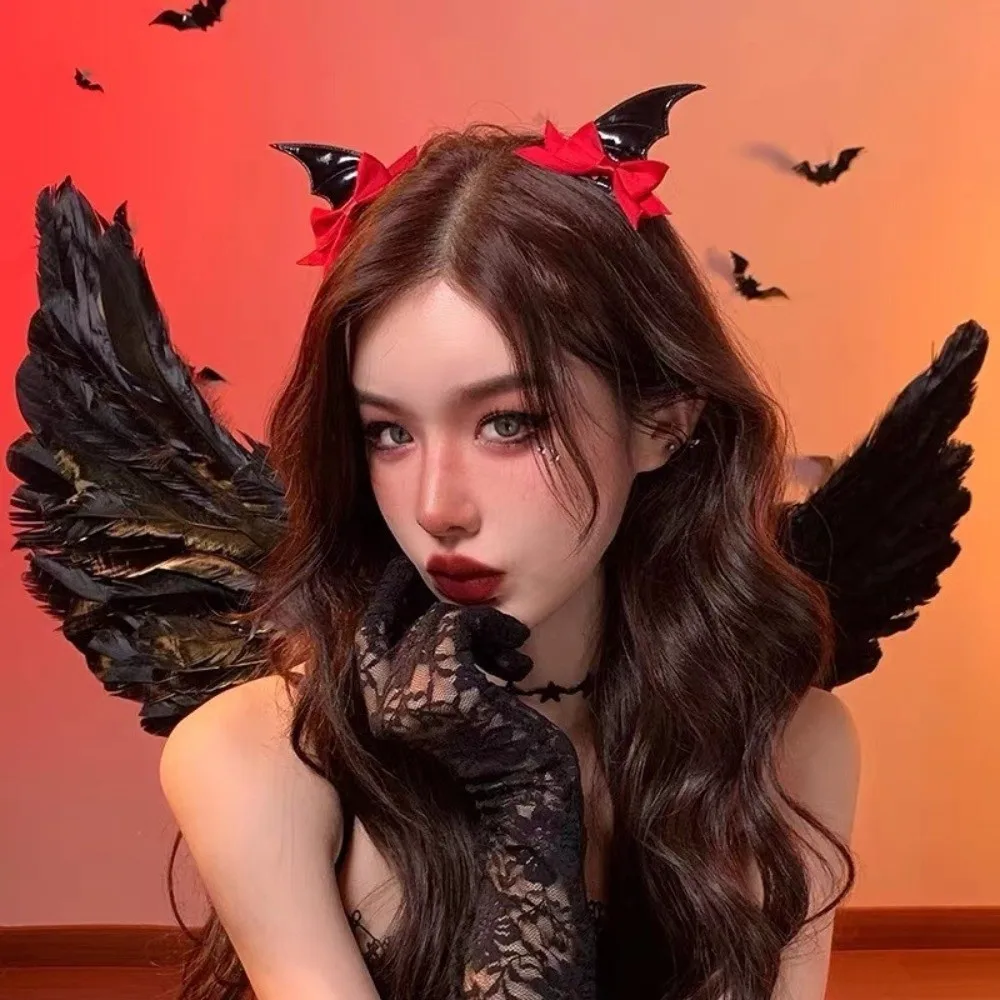 2 Pcs Funny Bow Halloween Hairpins Gothic Style Y2K Devil Horn Hair Clips Lolita Style Headwear Bat Wings Hair Clips Cosplay