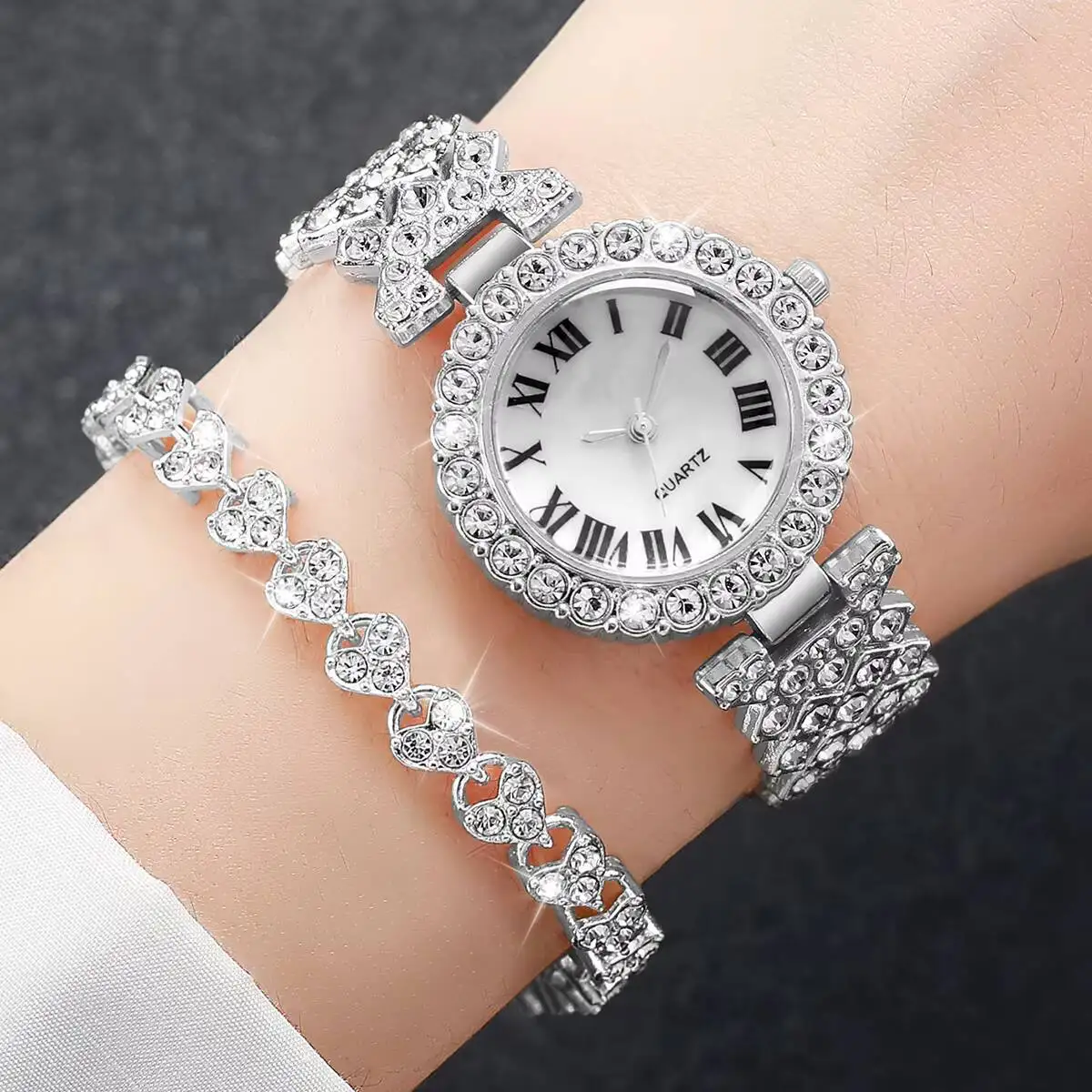 2PCS/Set Fashion Rhinestone Women's Watch Silver Band Ladies Quartz Watches Bracelet Set Reloj Mujer（Without Box）