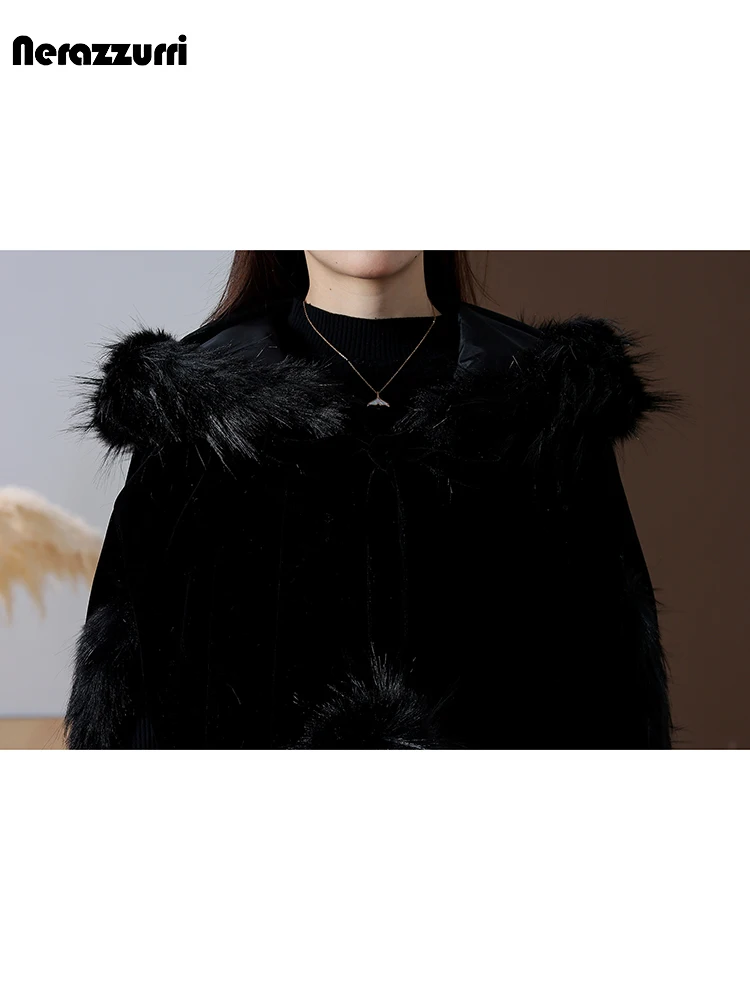 Nerazzurri Autumn Winter Extra Long Black Warm Velvet Cloak Women with Faux Fox Fur Trim Hood Luxury Maxi Goth Clothes 2023