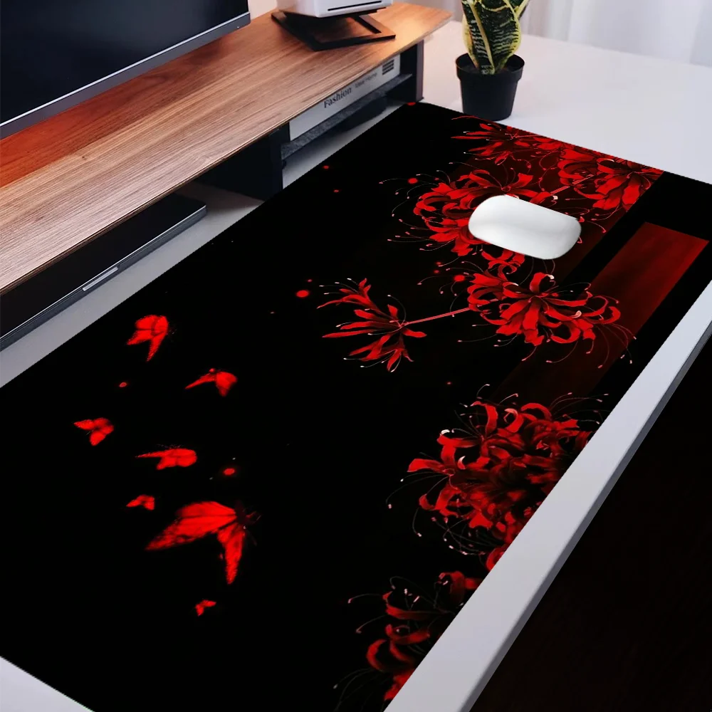 Large Gaming Mouse Pad Desk Mat With Stitched Edge Non-Slip XL Mousepad Rubber Base Desk Pad Red Flower Butterfly Keyboard Pad