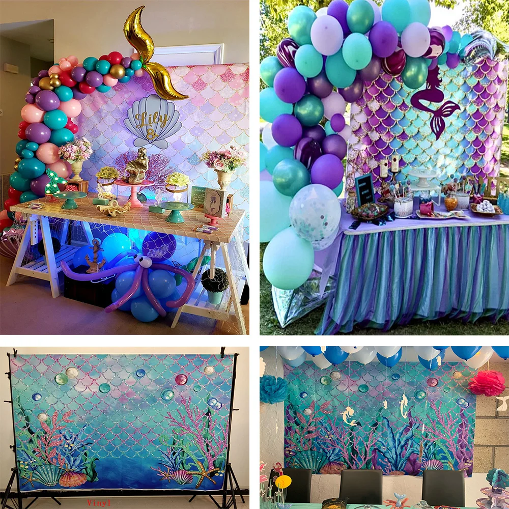 Mermaid Princess Photocall Photography Background Girl 1st Birthday Decor Glitters Mermaid Tail Balloon Backdrop Photo Studio