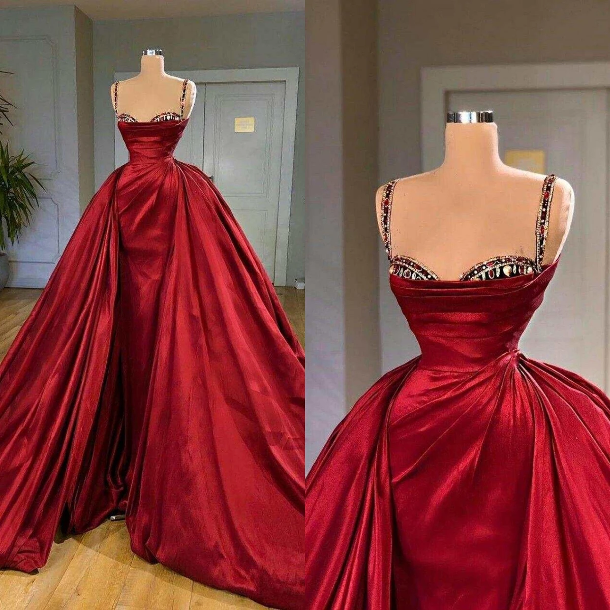 Elegant Sheath Gown Prom Dresses Crystals Beaded Pleat Satin Celebrity Party Evening Dresses Plus Size Custom Size Color