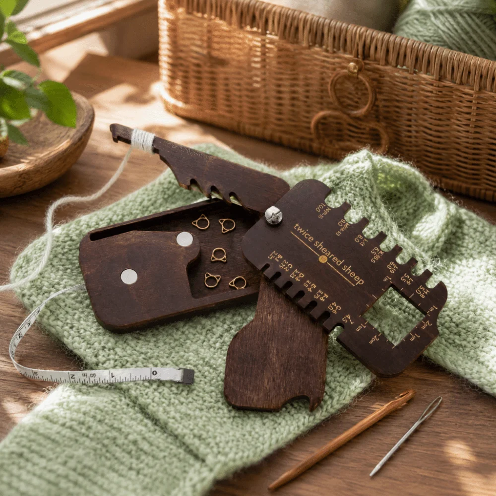 9 In 1 Knitting Multi Tool Beechwood Portable Crochet Multi Tool Stitch Measuring Craft Tool WPI Tool For Crochet Lovers