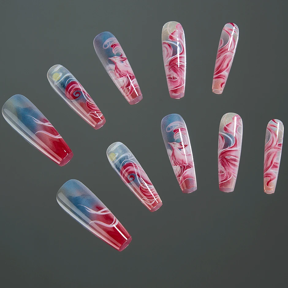 10Pcs/set Auspicious Nine-tailed Fox Printed Chinese False Nail Long Press on Acrylic Fake Nails with Glue Stick on With Design