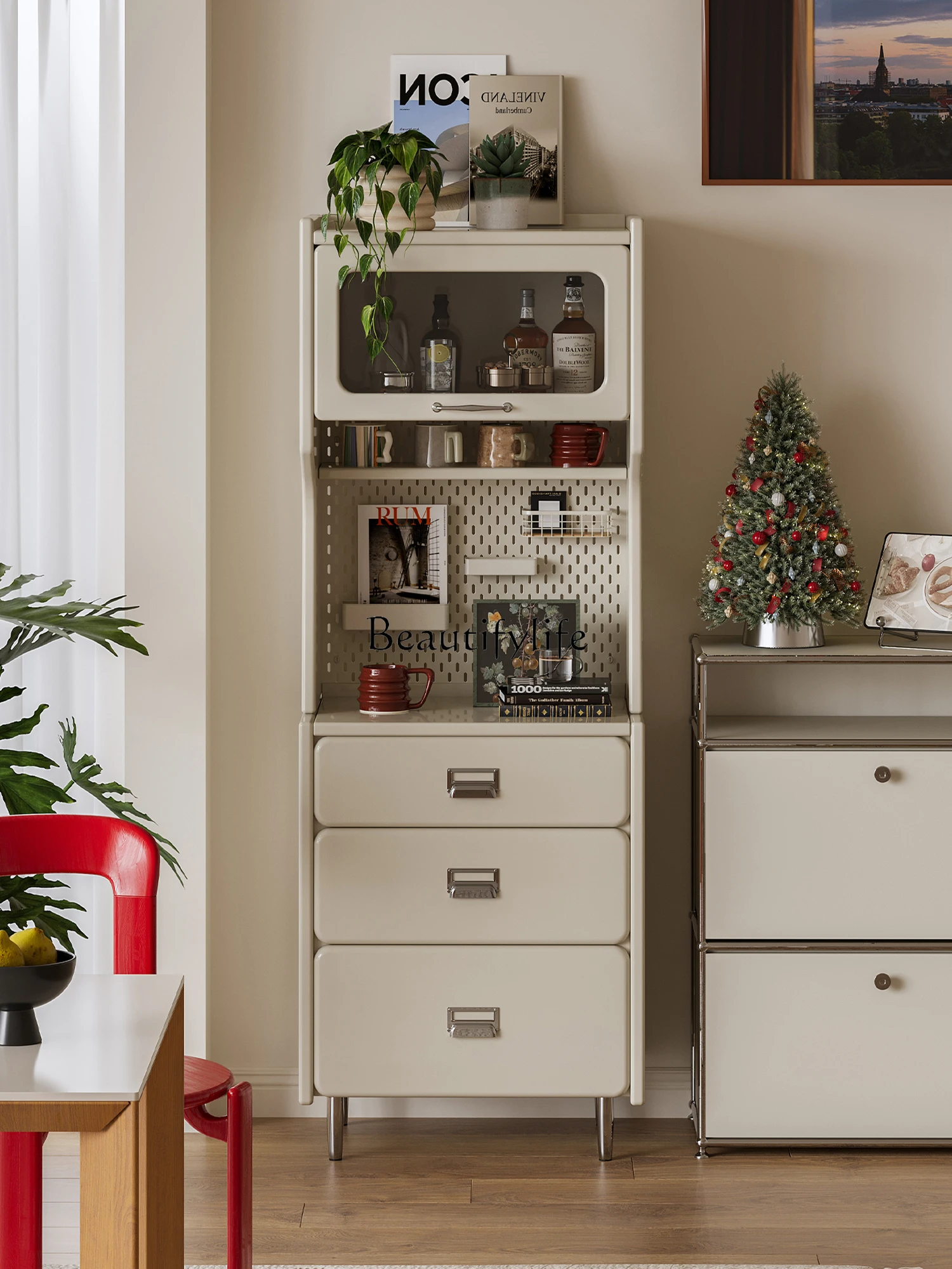 

Cream Narrow Side Cabinet Shelf Against Wall Household Living Room Glass Standing Cabinet